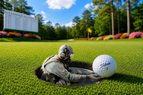 Ace in the Hole surrealistic photographic artwork by Alexander Nicholas featuring an ace pilot emerging from a golf hole while holding a golf ball, symbolizing hidden advantage, strategy, precision, and the decisive moment.