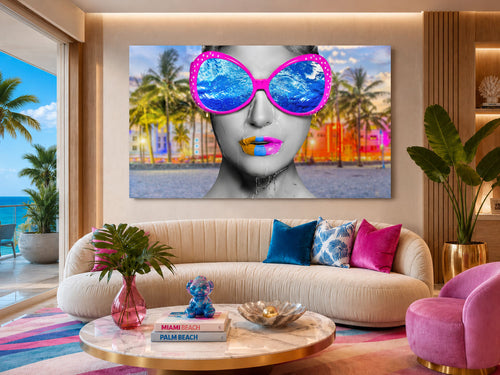 All I See by Alexander Nicholas displayed as museum-quality wall art in a sophisticated contemporary interior.
Modern living room with pink accents, including a sofa and chair, and a colorful artwork on the wall.