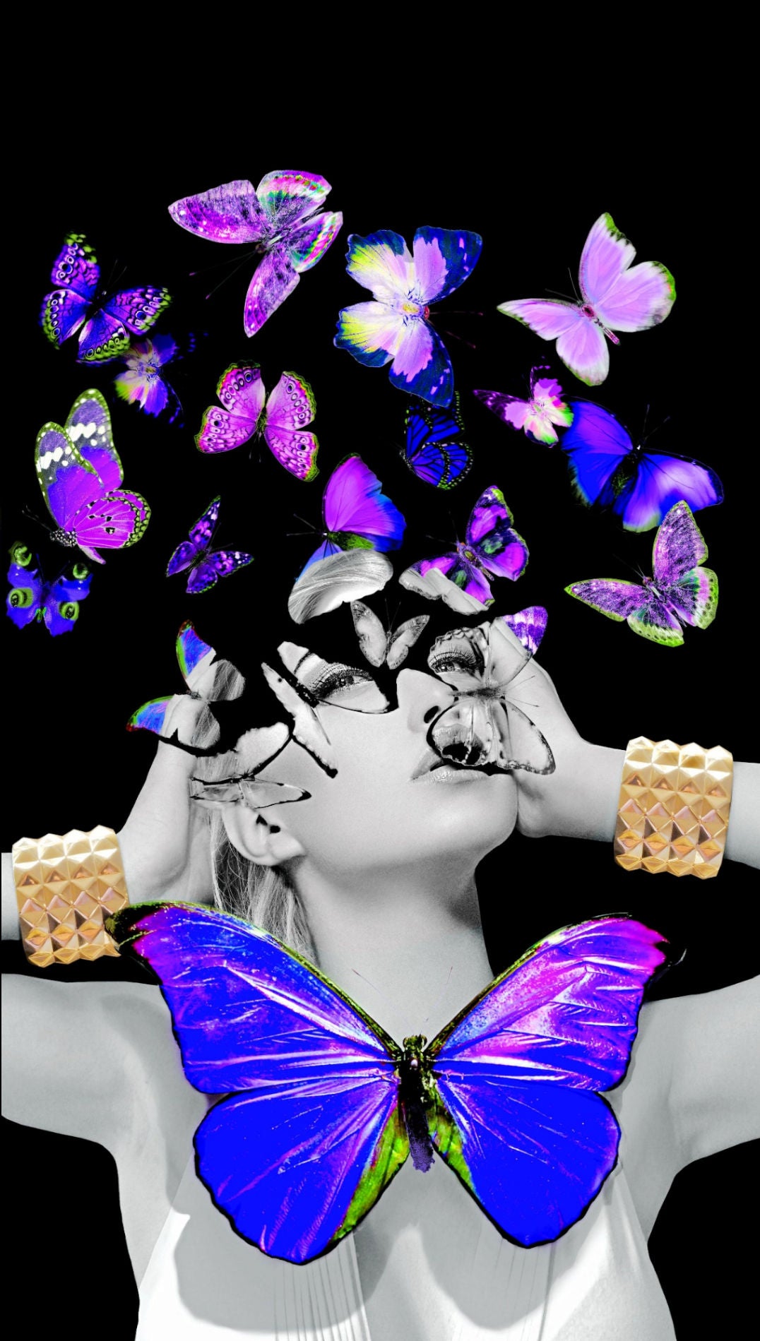 Collage of a woman's face with colorful butterflies on a black background
Butterfly Effect by Alexander Nicholas – conceptual photographic artwork exploring transformation, personal growth, and the profound impact of small actions through symbolic butterfly imagery.