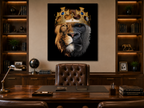 A Alexander Nicholas framed wall art print depicting half of lion's face and half of a gorilla's face wearing a golden crown, displayed in a dark, luxurious room with a leather armchair, a poker table, and warm ambient lighting.