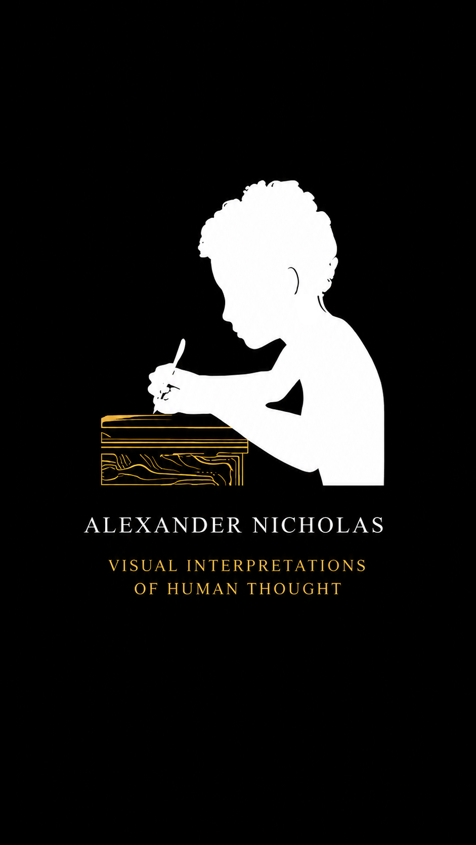 Gallery logo 'Visual Interpretations of Human Thought' by Alexander Nicholas, featuring a white silhouette of a person writing on a black background with gold decorative accents and text.