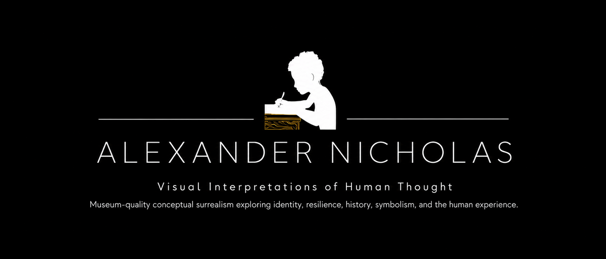 A black square graphic with a white silhouette of a child writing at a desk, under the text 'ALEXANDER NICHOLAS' and 'Visual Interpretations of Human Thought,' with smaller descriptive text below.