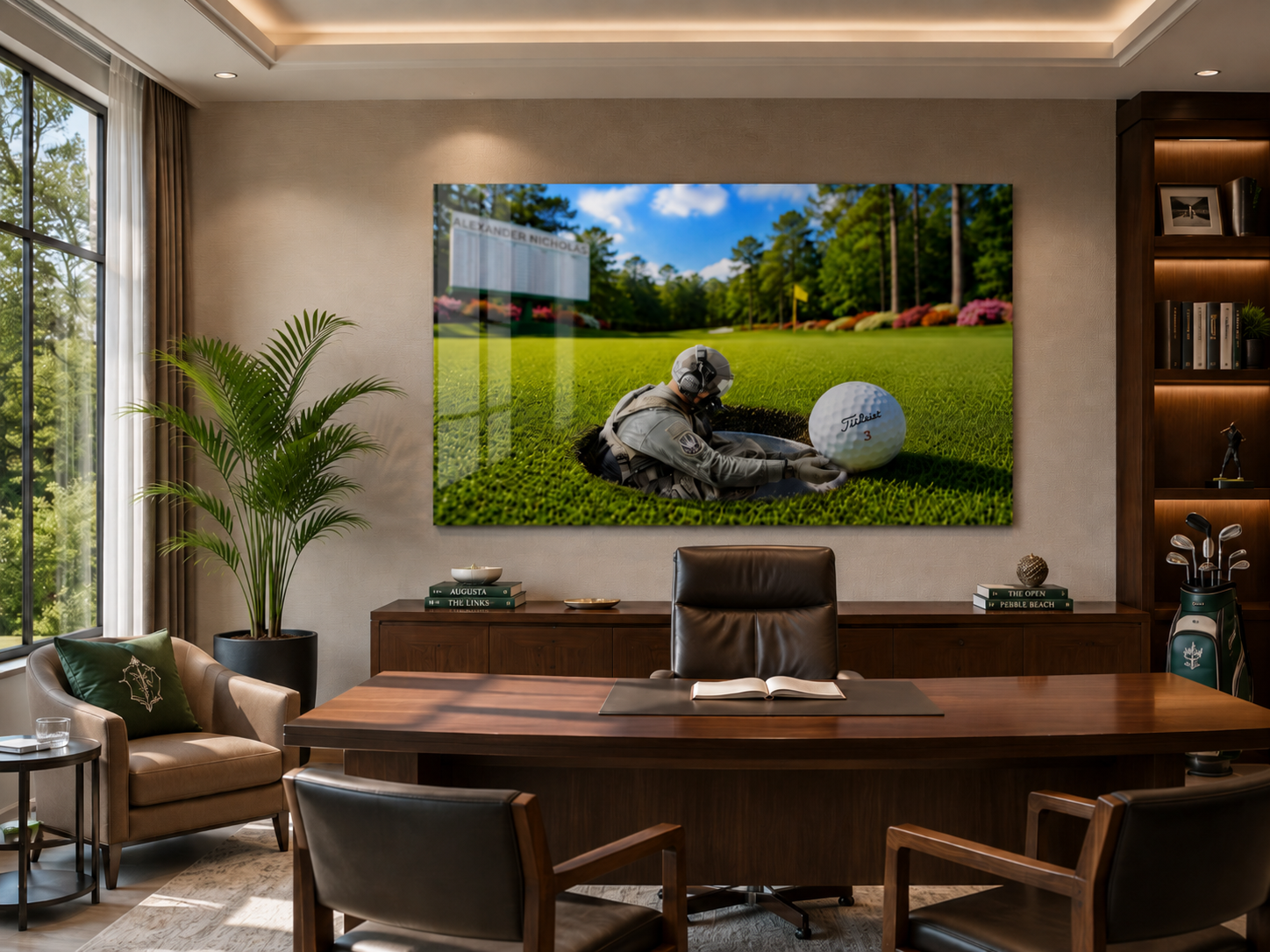 Ace in the Hole by Alexander Nicholas displayed as museum-quality wall art in a sophisticated contemporary interior.
A large wall art print depicting a pilot ace sitting on a green golf course with a golf ball, displayed in a modern office setting above a wooden desk.