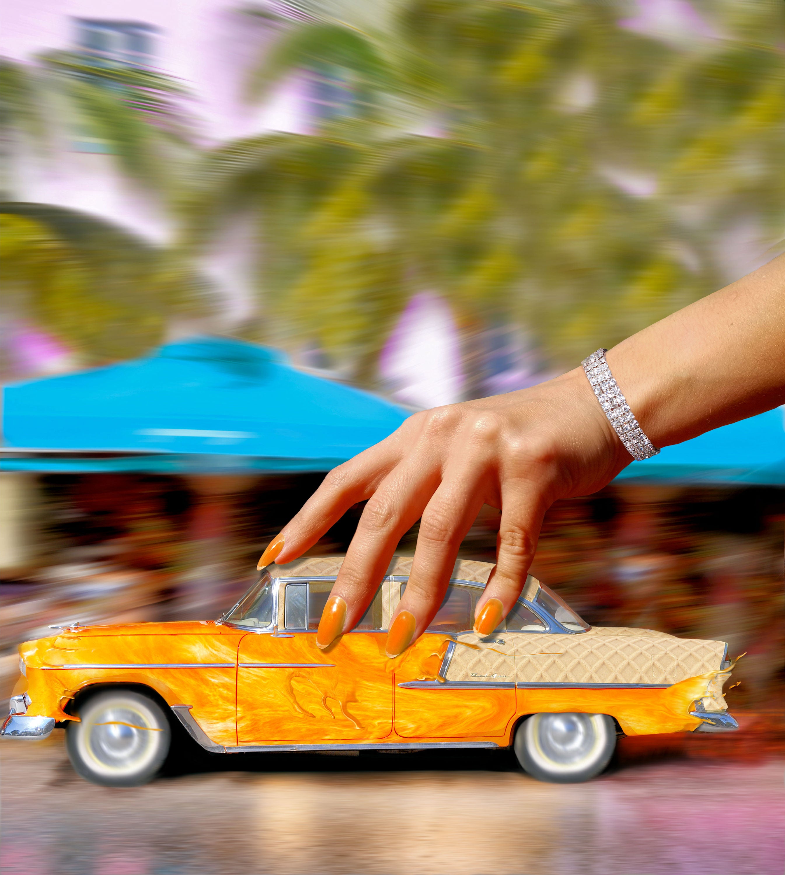 Where We Play surrealistic photographic artwork by Alexander Nicholas featuring a classic Chevrolet Bel Air reimagined as a playful Creamsicle-inspired object moving through Ocean Drive, symbolizing South Beach nostalgia, escape, leisure, and imagination.