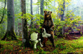Does a Bear surrealistic photographic artwork by Alexander Nicholas featuring a bear reading a newspaper in a forest, inspired by the classic idiom expressing certainty.