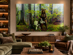 Does a Bear by Alexander Nicholas displayed as museum-quality wall art in a sophisticated contemporary interior, featuring a humorous surrealistic idiom-inspired artwork with a bear in a forest setting.