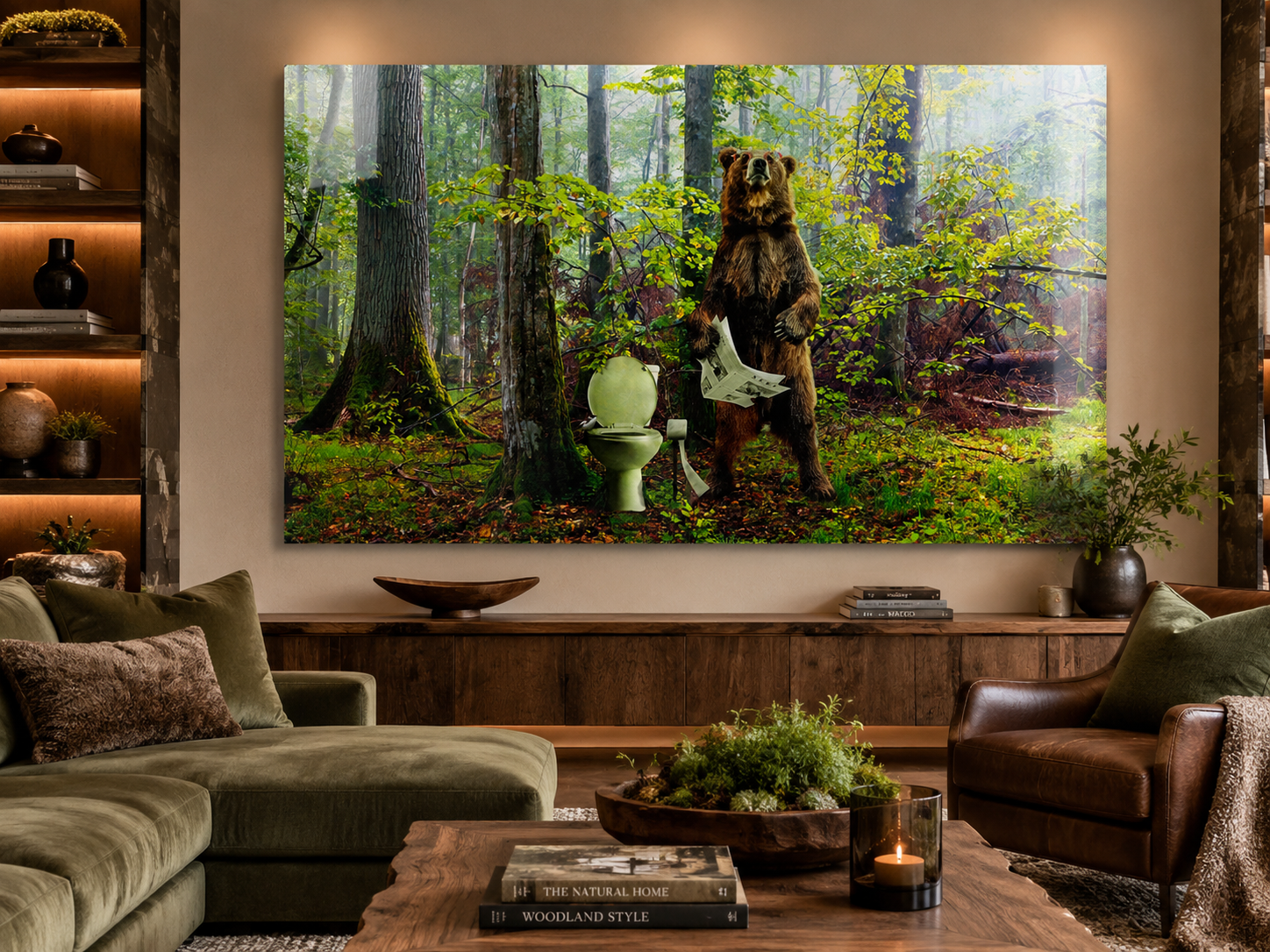 Does a Bear by Alexander Nicholas displayed as museum-quality wall art in a sophisticated contemporary interior, featuring a humorous surrealistic idiom-inspired artwork with a bear in a forest setting.