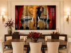 Elephant in the Room by Alexander Nicholas displayed as museum-quality wall art in a sophisticated contemporary interior.
Dining room with a large elephant painting on the wall, red chairs, and a table set for dinner.