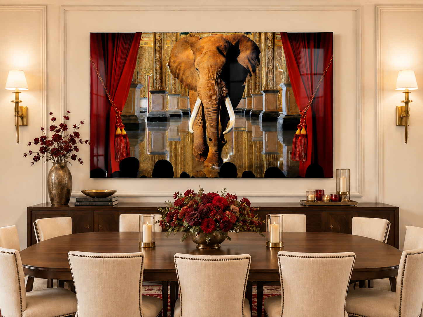 Elephant in the Room by Alexander Nicholas displayed as museum-quality wall art in a sophisticated contemporary interior.
Dining room with a large elephant painting on the wall, red chairs, and a table set for dinner.