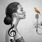 Nightingale surrealistic photographic artwork by Alexander Nicholas featuring a monochrome portrait intertwined with musical notes as a singing nightingale rests upon a studio microphone, symbolizing confidence, music, and self-expression.