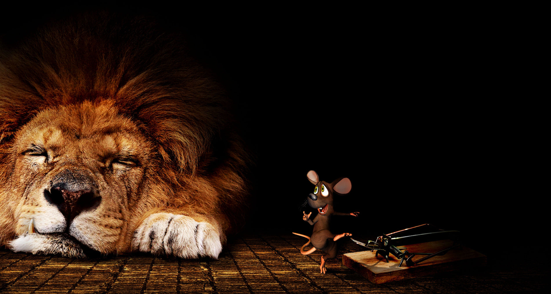 Out of the Frying Pan and Into the Fire surrealistic photographic artwork by Alexander Nicholas featuring a frightened mouse fleeing a mousetrap toward a sleeping lion, symbolizing unintended consequences and poor decision-making.