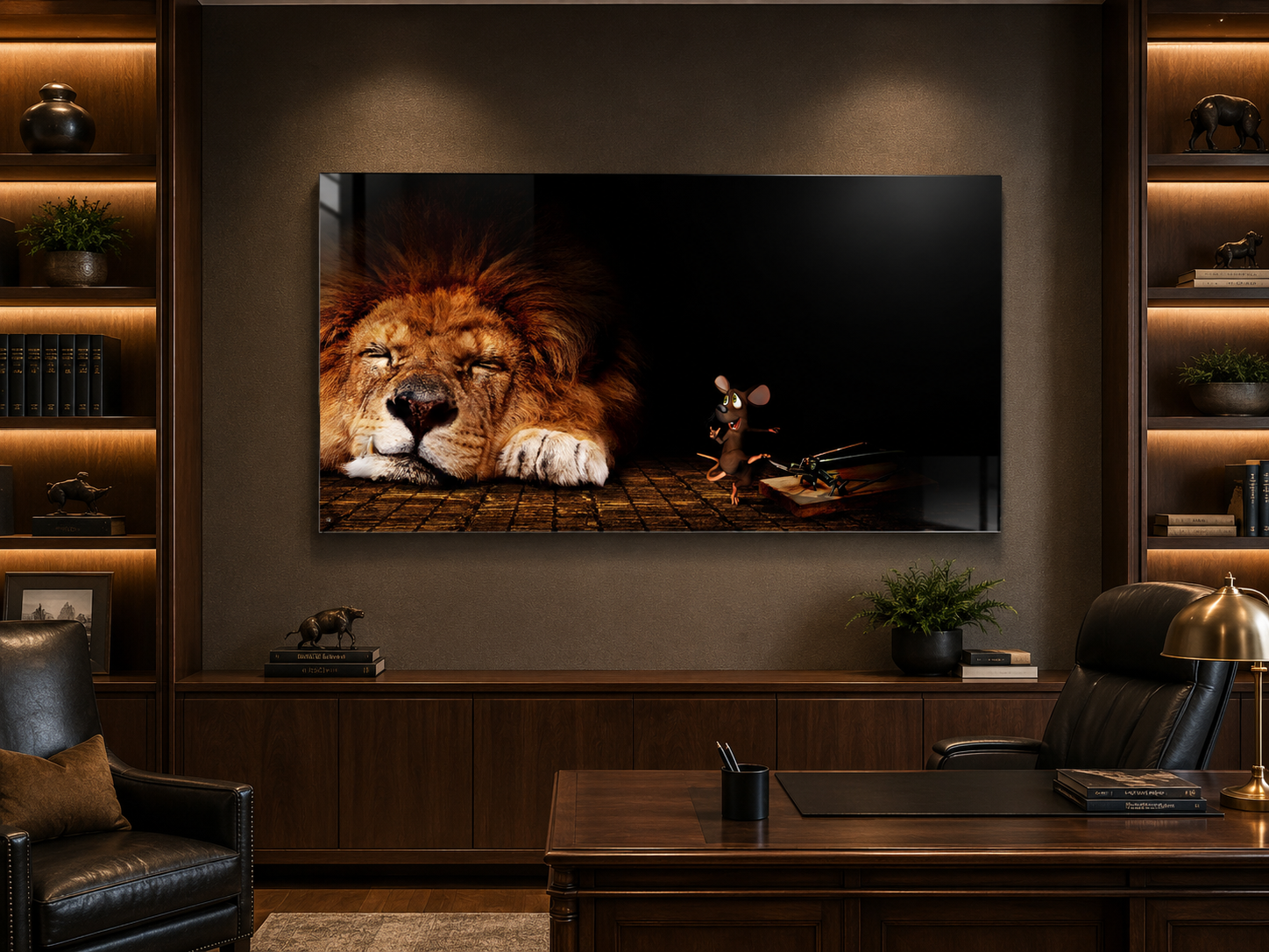 Out of the Frying Pan and Into the Fire by Alexander Nicholas displayed as museum-quality wall art in a sophisticated contemporary interior, featuring a surrealistic idiom-inspired scene symbolizing unintended consequences and difficult choices.
Living room with a beige sofa, armchair, and coffee table with decorative items.