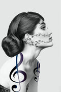 Sounds Like Me surrealistic photographic artwork by Alexander Nicholas featuring a monochromatic portrait intertwined with flowing musical notes, symbolizing identity, emotion, and the universal language of music.
Woman with musical note tattoos on a white background
