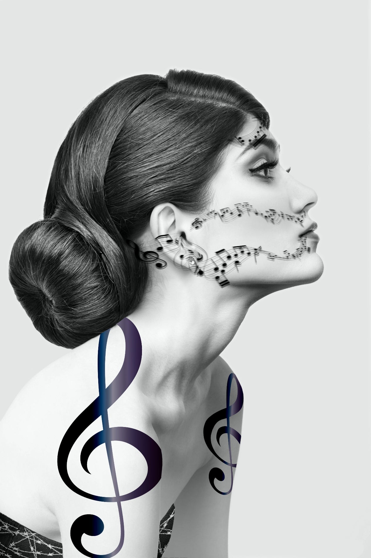 Sounds Like Me surrealistic photographic artwork by Alexander Nicholas featuring a monochromatic portrait intertwined with flowing musical notes, symbolizing identity, emotion, and the universal language of music.
Woman with musical note tattoos on a white background