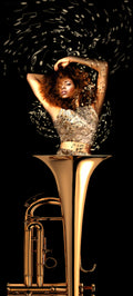 That Jazz surrealistic photographic artwork by Alexander Nicholas featuring a woman emerging from the bell of a golden trumpet while surrounded by flowing musical notes, symbolizing jazz, emotion, and artistic expression.
