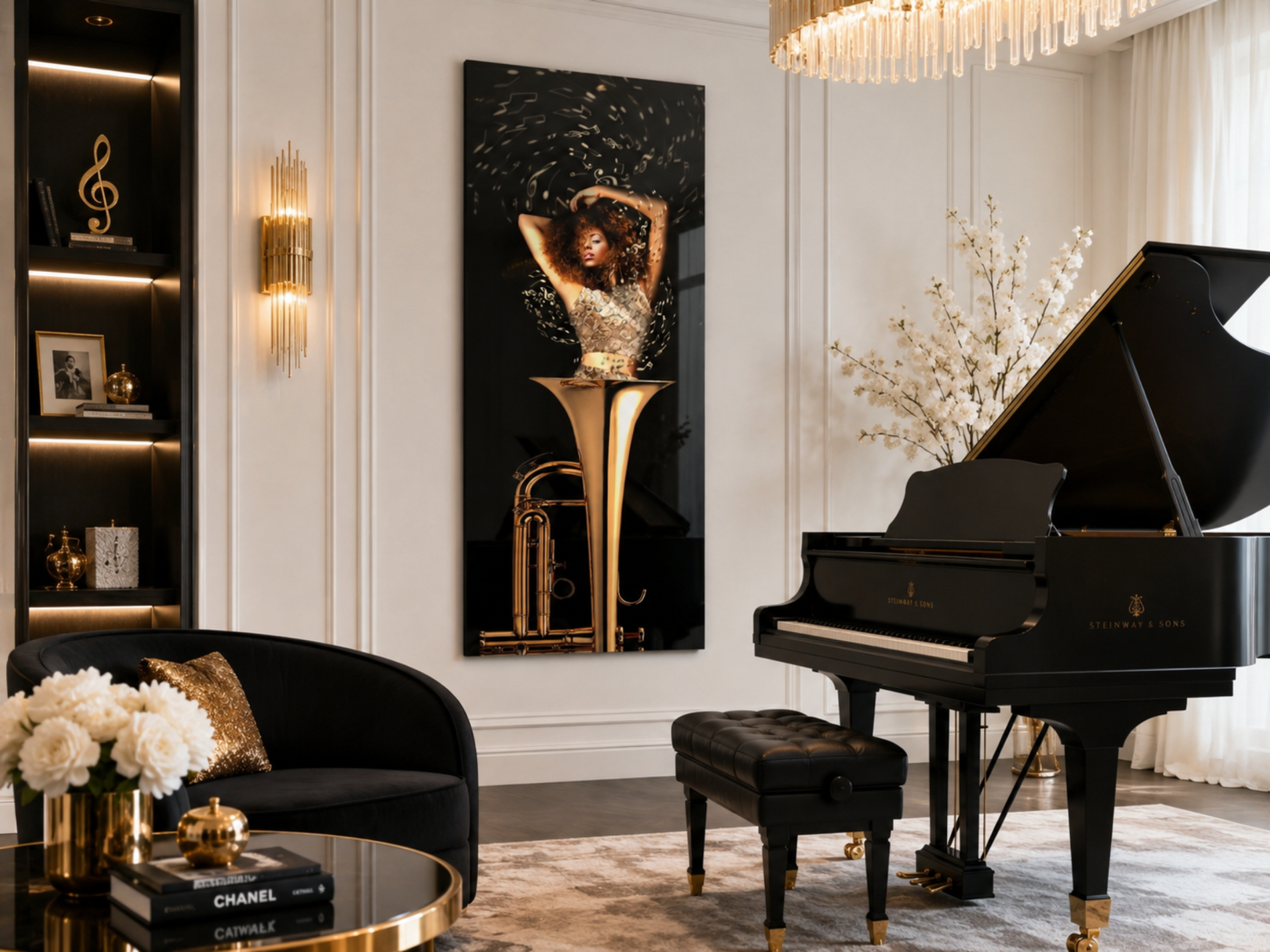 That Jazz by Alexander Nicholas displayed as museum-quality wall art in a contemporary luxury interior.
Luxurious living room with a grand piano, black armchair, and decorative wall art.