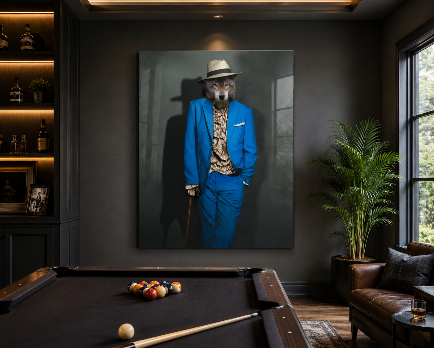 A Wolf in Sheep's Clothing by Alexander Nicholas displayed as museum-quality wall art in a luxury contemporary interior.
Luxury living room with a pool table, grand piano, and wall art.